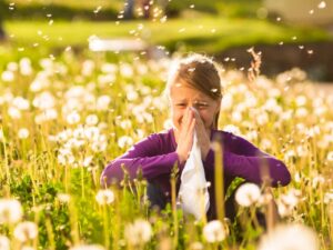 una bambina soffia il naso in mezzo ad un campo pieno di polline