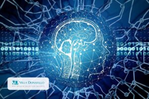 grafica che mostra il cervello dell'uomo come collegato da reti di computer